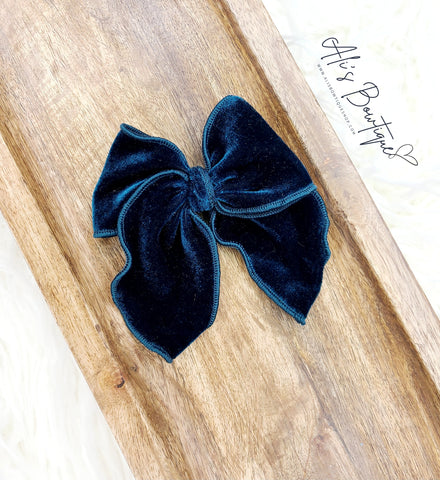 Teal Velvet Mini Serged Bow